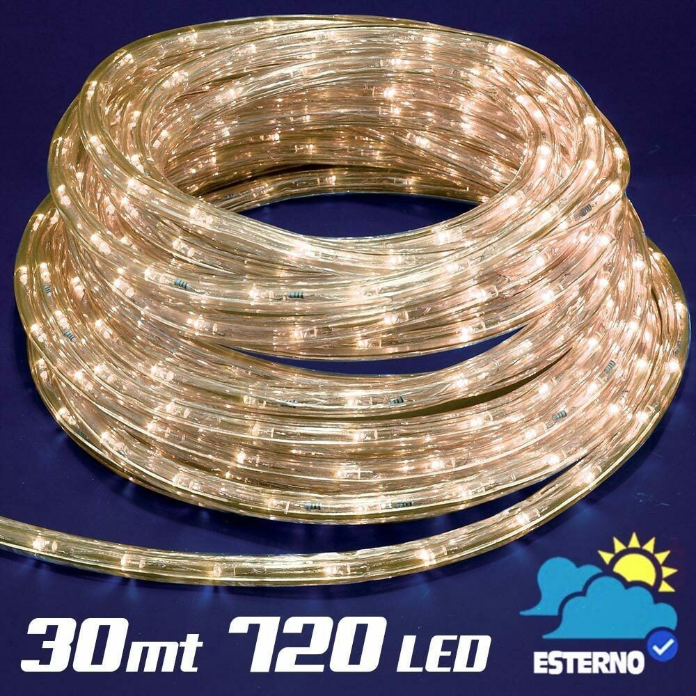 TUBO LUMINOSO 30 METRI LED BIANCO CALDO 720 LUCI PER INTERNO E PER ESTERNO