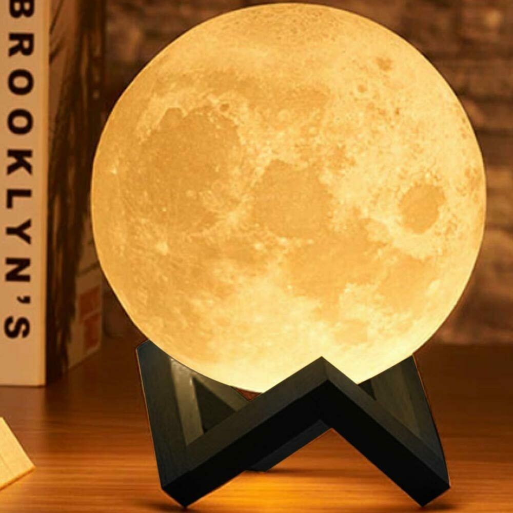 Lampada da Tavolo Luna 18cm Luce LED 3 Colori Moon Lamp a Batteria con Supporto 