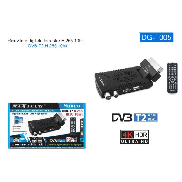 RICEVITORE DIGITALE TERRESTRE DVB-T2 H265 HEVC 10BIT DECODER DGT005 HDMI SCART USB
