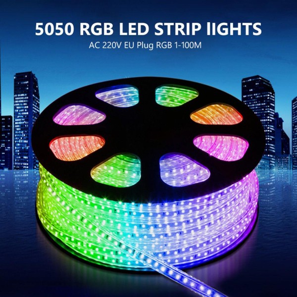 STRISCIA STRIP LED BOBINA SMD 5050 RGB CON SPINA 220V TUBO PER ESTERNO DA 100 MT