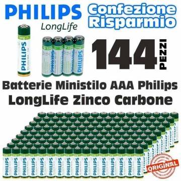 144 X BATTERIE PILE MINISTILO PHILIPS ZINCO CARBON LONGLIFE BATTERIA AAA R3 1,5V