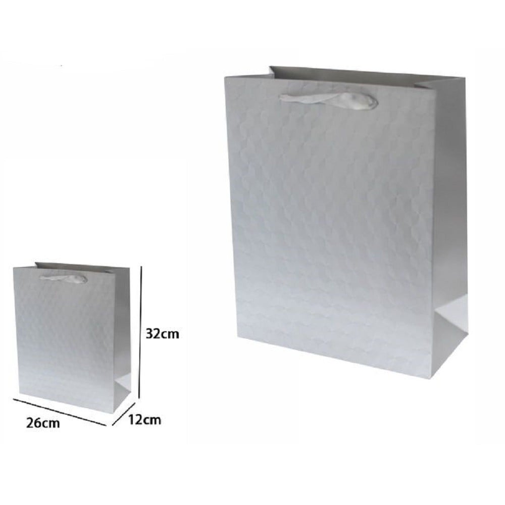 SET 2 BORSE BUSTE REGALO SHOPPER GRIGIA GOFFRATA MANICO TESSUTO 32X26X12CM 69933
