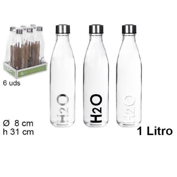 set 6 pz bottiglia d'acqua h2o vetro trasparente 1lt borraccia assortita  109284
