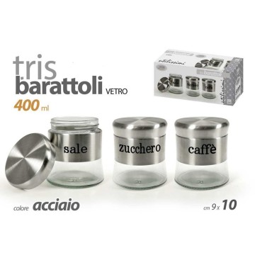 TRIS BARATTOLI COLORE ACCIAIO VETRO 9X10CM 400 ML SALE ZUCCHERO CAFFE