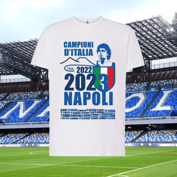 MAGLIETTA SSC NAPOLI TSHIRT BIANCA CON STAMPA CAMPIONI D'ITALIA 2023 CALCIO