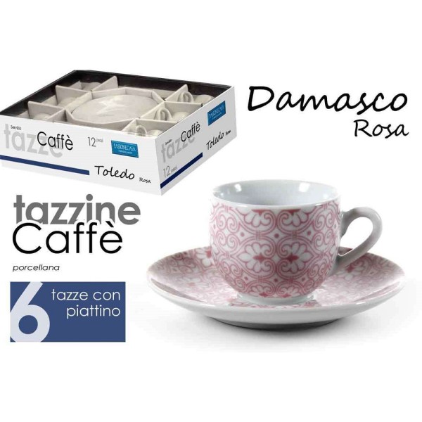 SET 6 TAZZINE CAFFÈ + 6 PIATTINI TAZZINA CLASSICO MODERNO DAMASCO ROSA