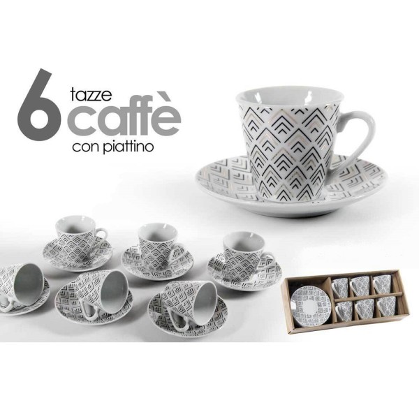 SET 6 TAZZINE CAFFÈ CON 6 PIATTINI BIANCO DECO IN PORCELLANA DECORATE