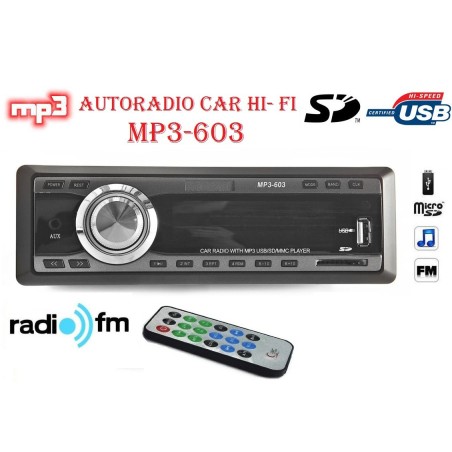 AUTORADIO FM STEREO AUTO LETTORE MP3 USB SD CARD INGRESSO AUX WMA RADIO 603