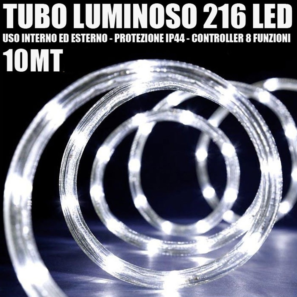 TUBO LUMINOSO 216 LED BIANCO FREDDO 10 MT 3VIE USO INTERNO/ESTERNO + CONTROLLER