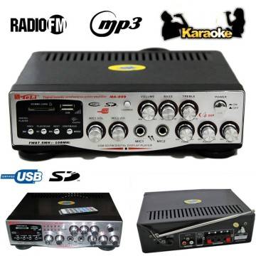 AMPLIFICATORE AUDIO STEREO DISPLAY DIGITALE 2 MICROFONI USB SD MP3 FM MA-009