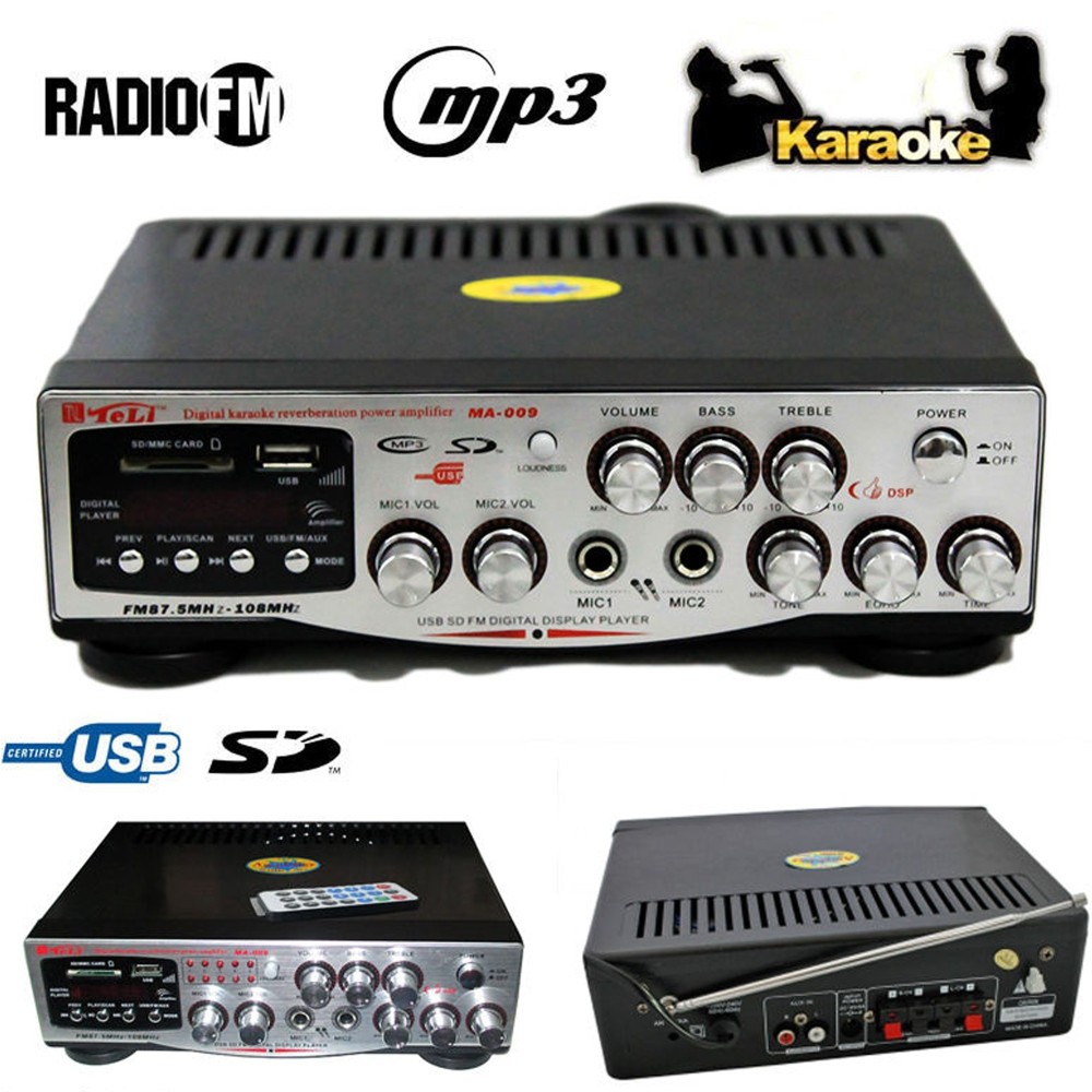 AMPLIFICATORE AUDIO STEREO 2 MICROFONI DISPLAY DIGITALE USB SD MP3 FM MA-009