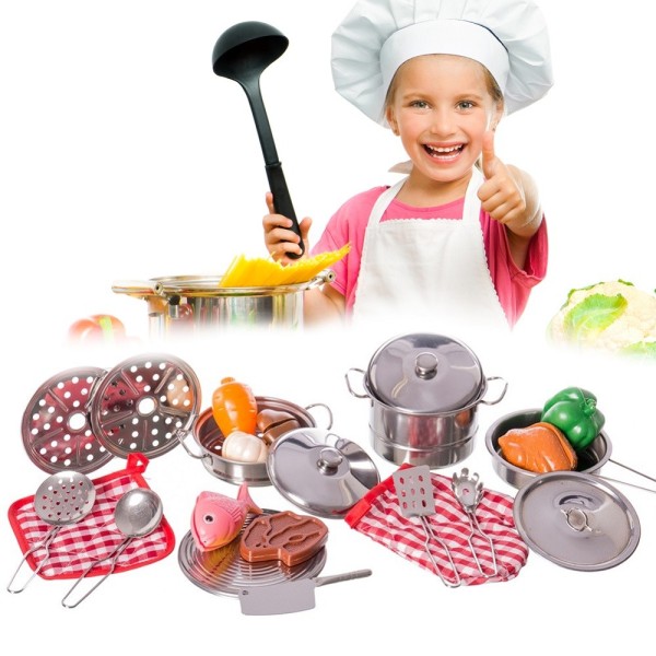 Trade Shop - Set Cucina Giocattoli Bambini In Metallo 23pz Con Pentole Mestoli E Accessori