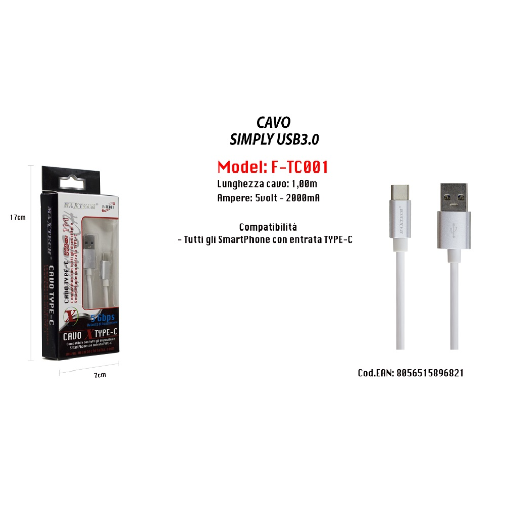 CAVO USB DI RICARICA SIMPLY USB 3.0 DA 1MT 5V-2000MA MAXTECH F-TC001
