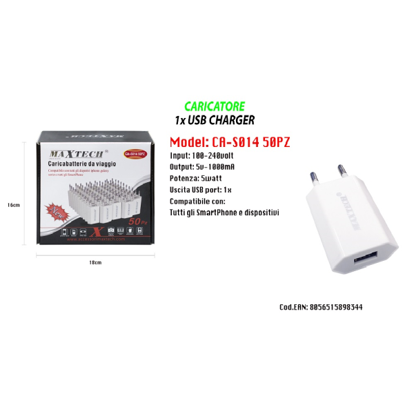 SET 50 CARICATORI USB SMARTPHONE 5V-1A CARICABATTERIA MAXTECH CA-S014