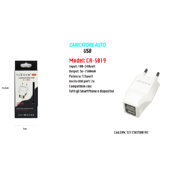 CARICATORE USB AUTO PORTATILE CELLULARE SMARTPHONE 5V - 1500MA MAXTECH 7.5W  S019