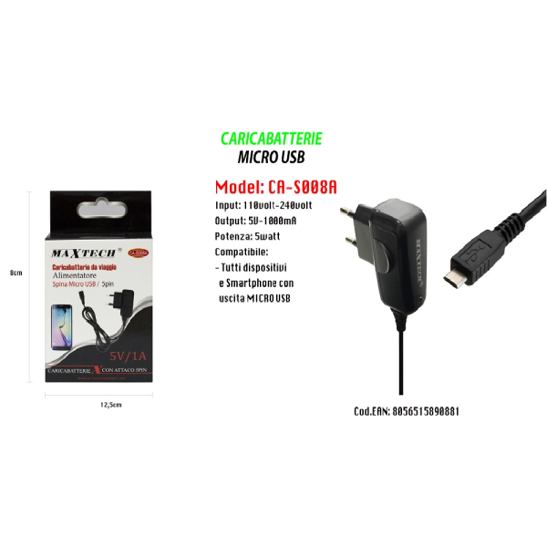 maxtech trade shop - caricabatterie micro usb da viaggio spina 5pin 5v-1000ma 5watt ca-s008a donna