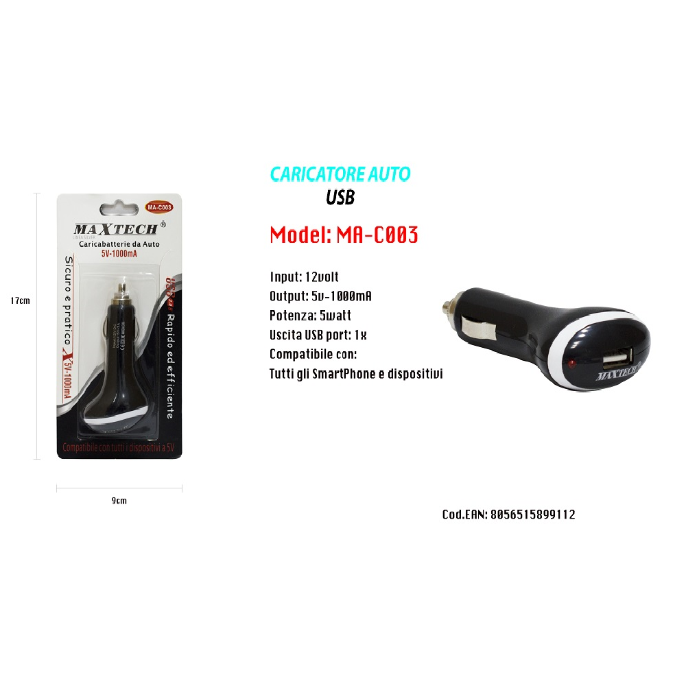 CARICATORE AUTO PRESA ACCENDISIGARI 5V-1000MA USB 2.0 MAXTECH MA-C003