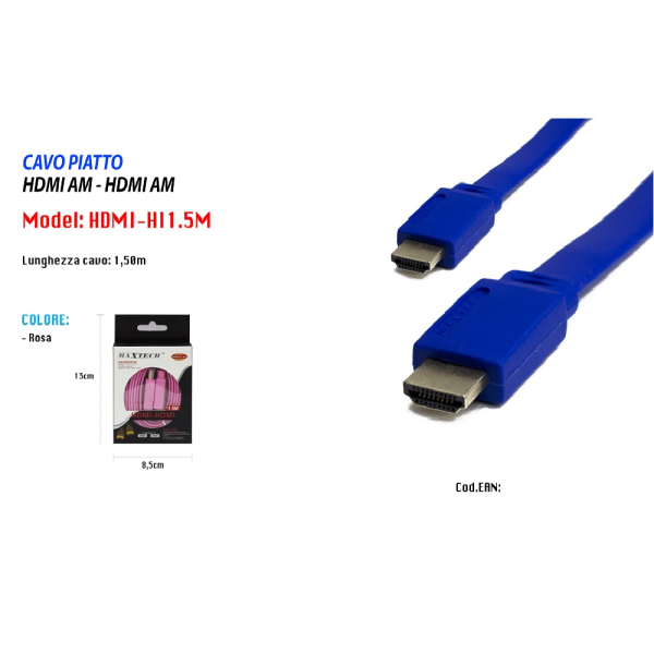 CAVO HDMI 1.5 MT FULL HD 1080P 1600P PIATTO 24K MAXTECH AUDIO VIDEO HDMI-HI1.5M