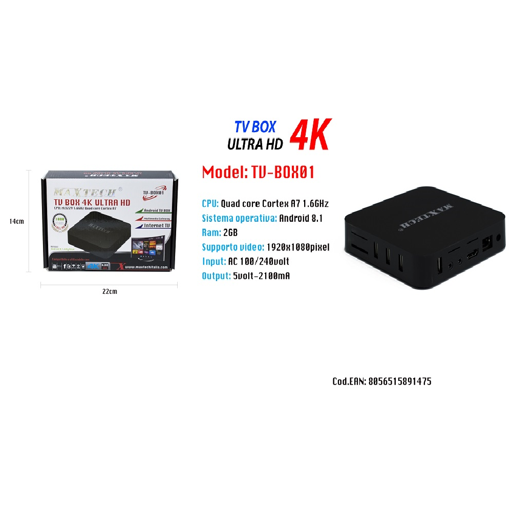SMART TV BOX ULTRA HD 4K INTERNET ANDROID8.1 QUAD CORE MAXTECH TVBOX01