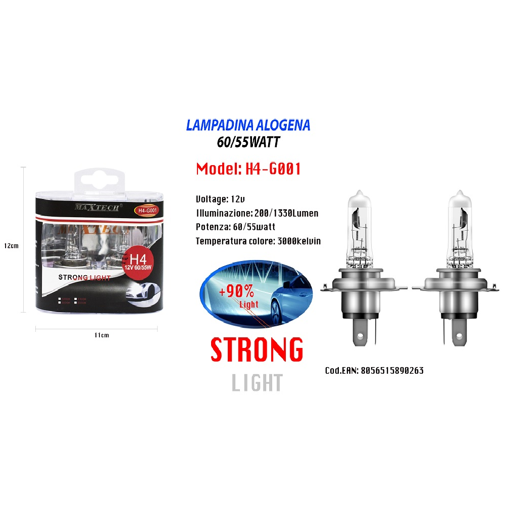 LAMPADINE ALOGENE PER AUTO H4 60/55 W 12V LUCE CALDA RICAMBIO H4-G001