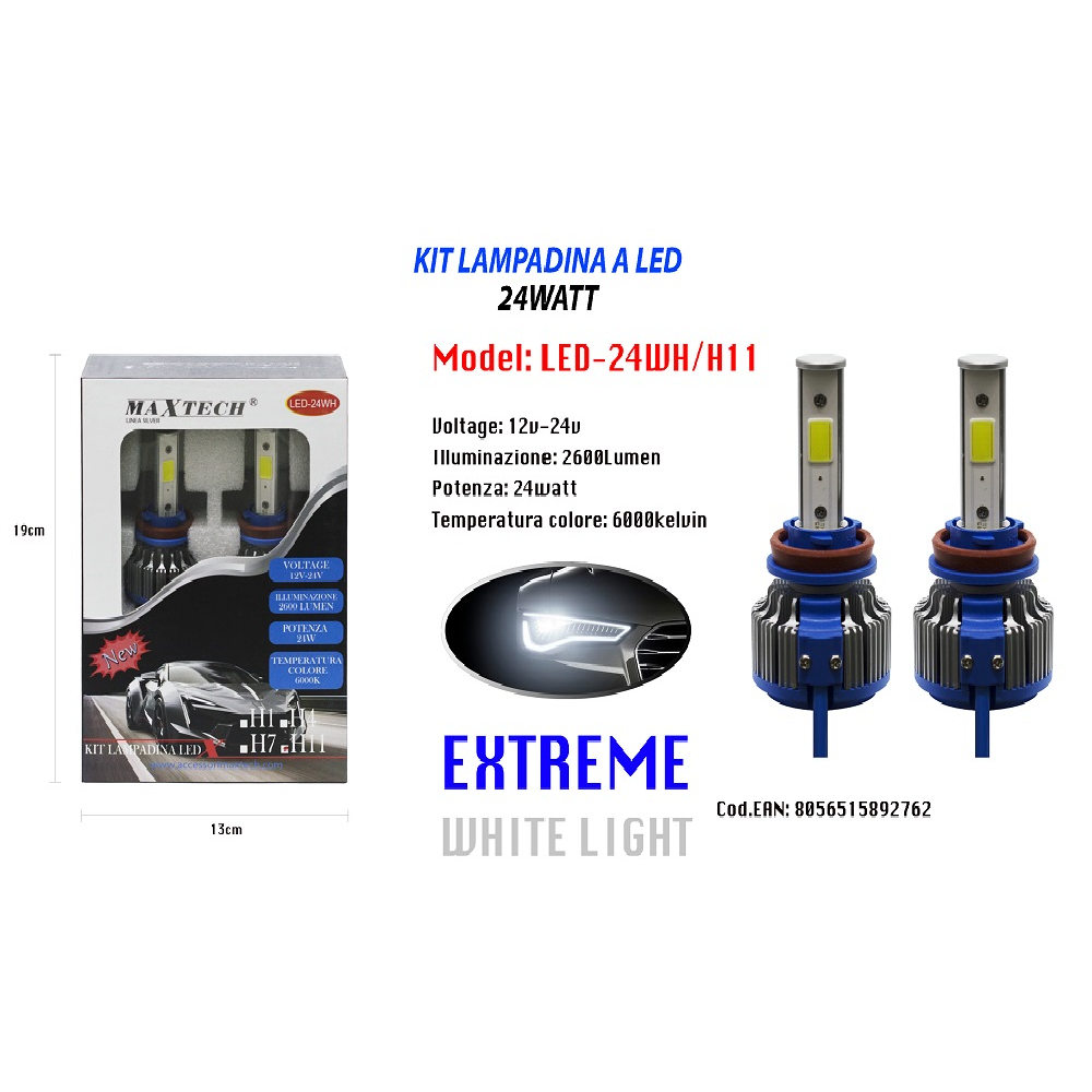 LAMPADINE LED 24W AUTO H11 12V 24V COPPIA LAMPADE RICAMBI LED-24WH/H11