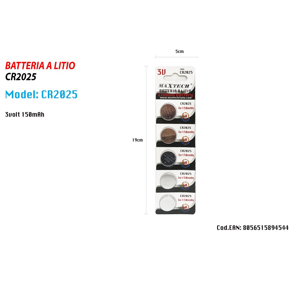 Maxell 5 Batterie A Bottone Al Litio CR2025 3V – Lunga Durata, Per Telecomandi, Bilance, Chiavi E Dispositivi Vari