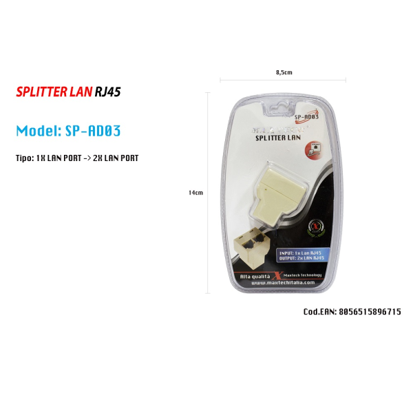 SPLITTER LAN RETE SDOPPIATORE RJ45 1 A 2 CONNETTORE ETHERNET SP-AD03