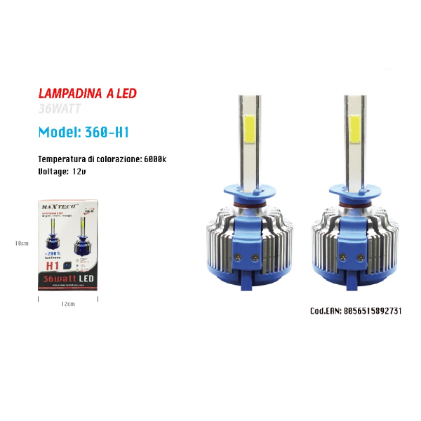 COPPIA LAMPADE LED AUTO FARI H1 MOTO KIT 36W 6000K FARO MAXTECH 360-H1