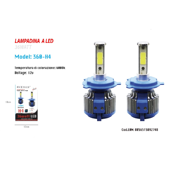 COPPIA LAMPADE LED RICAMBIO AUTO H4 LED 3800 LUMEN 6000K 12V 36W MAXTECH 360-H4