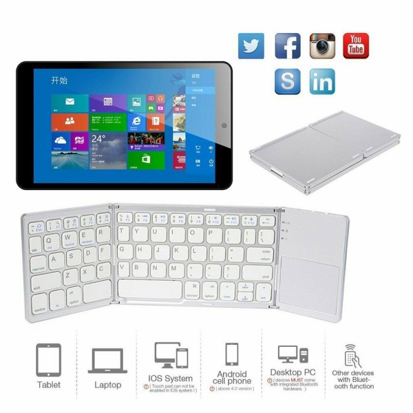 B089T Tastiera Bluetooth pieghevole da viaggio, tastiera portatile wireless  pieghevole in tre con touchpad, piccola tastiera multi-dispositivo  ricaricabile, per laptop tablet PC smartphone Windows iOS Android-grigio