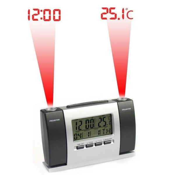 Vvciic Sveglia di proiezione Argento Orologio di proiezione Digitale Display a LED Proiettore con Temperatura di retroilluminazione Display Giorno 12/24 Ore 
