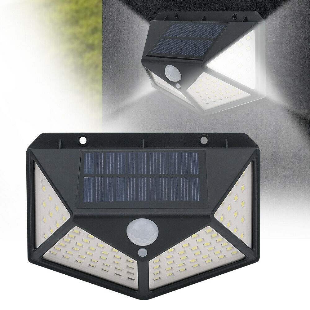 Potenti luci solari per giardino Applique Solare Impermeabile IP65 Luce Solare Esterno 4 Pezzi 100 LED Lampada Solare Grandangolare da 180° con Sensore di Movimento 3 Modalità Opzionali 