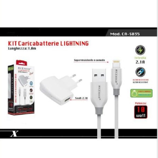 KIT CARICABATTERIE + CAVO USB CONNETTORE LIGHTNING 10W 2.1A 1MT MAXTECH CA-S035