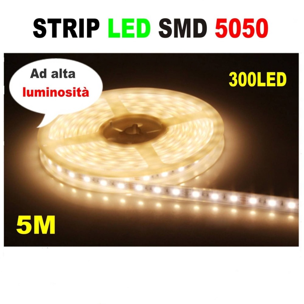Striscia Strip LED Resistente all'acqua - 5 Metri - SMD5050 BIANCO CALDO - 300 L
